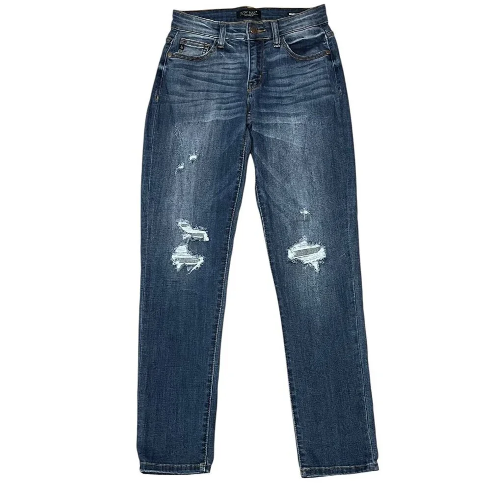 Judy Blue Women 1/25 Boyfriend Jeans Blue Relaxed Distressed Stretch Zipper - Picture 1 of 13